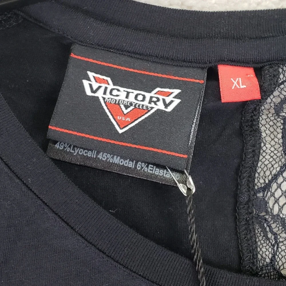 Victory Motorcycles Tee Women XL Black Lace Sleeve Biker Edgy Graphic Shirt